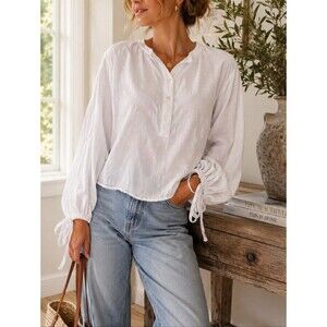White Swiss Dot Henley 100% Cotton Long Puff Sleeve S Crop Curved Hem Cottagecor